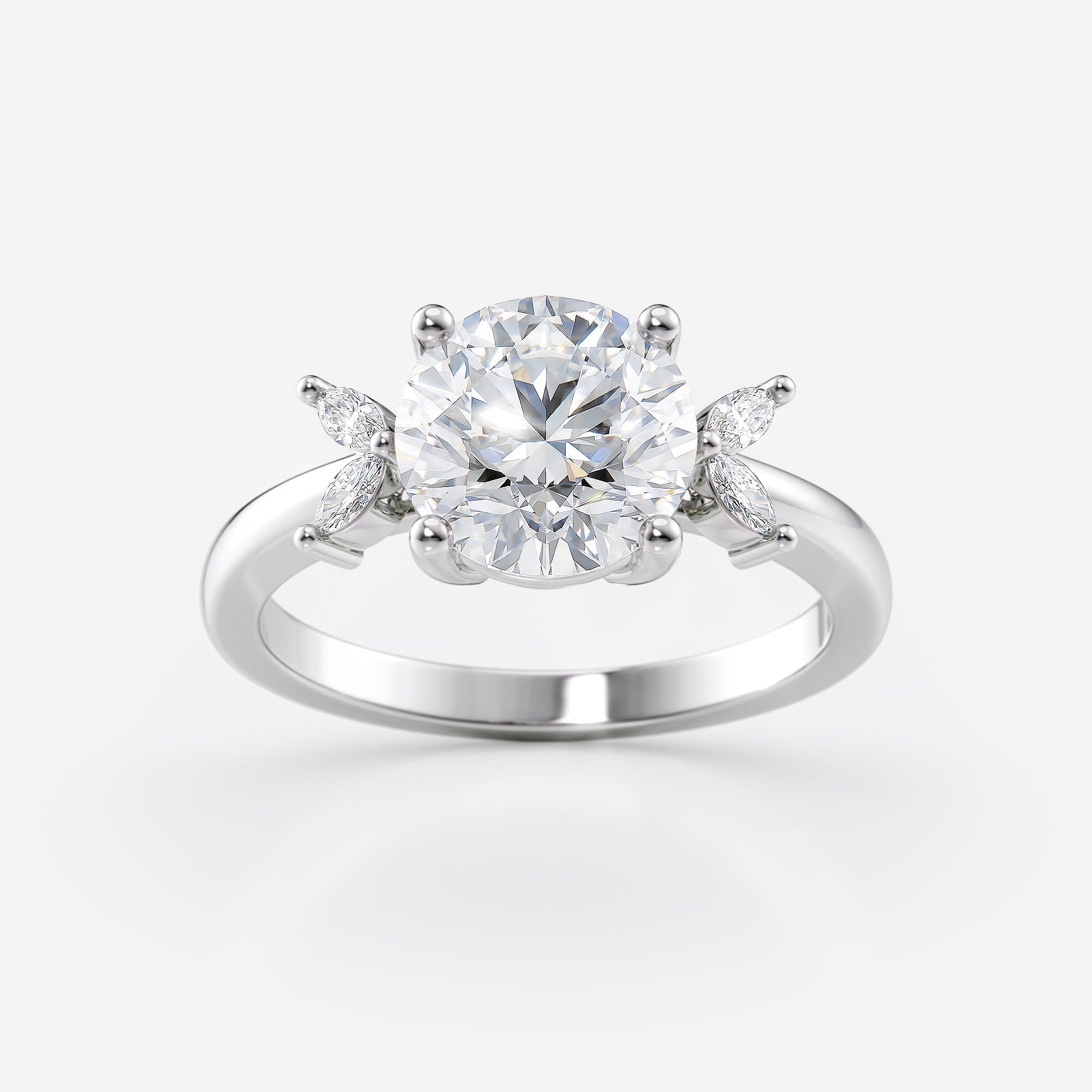 Round Cut Lab Grown Diamond Ring with Side Marquise Stones