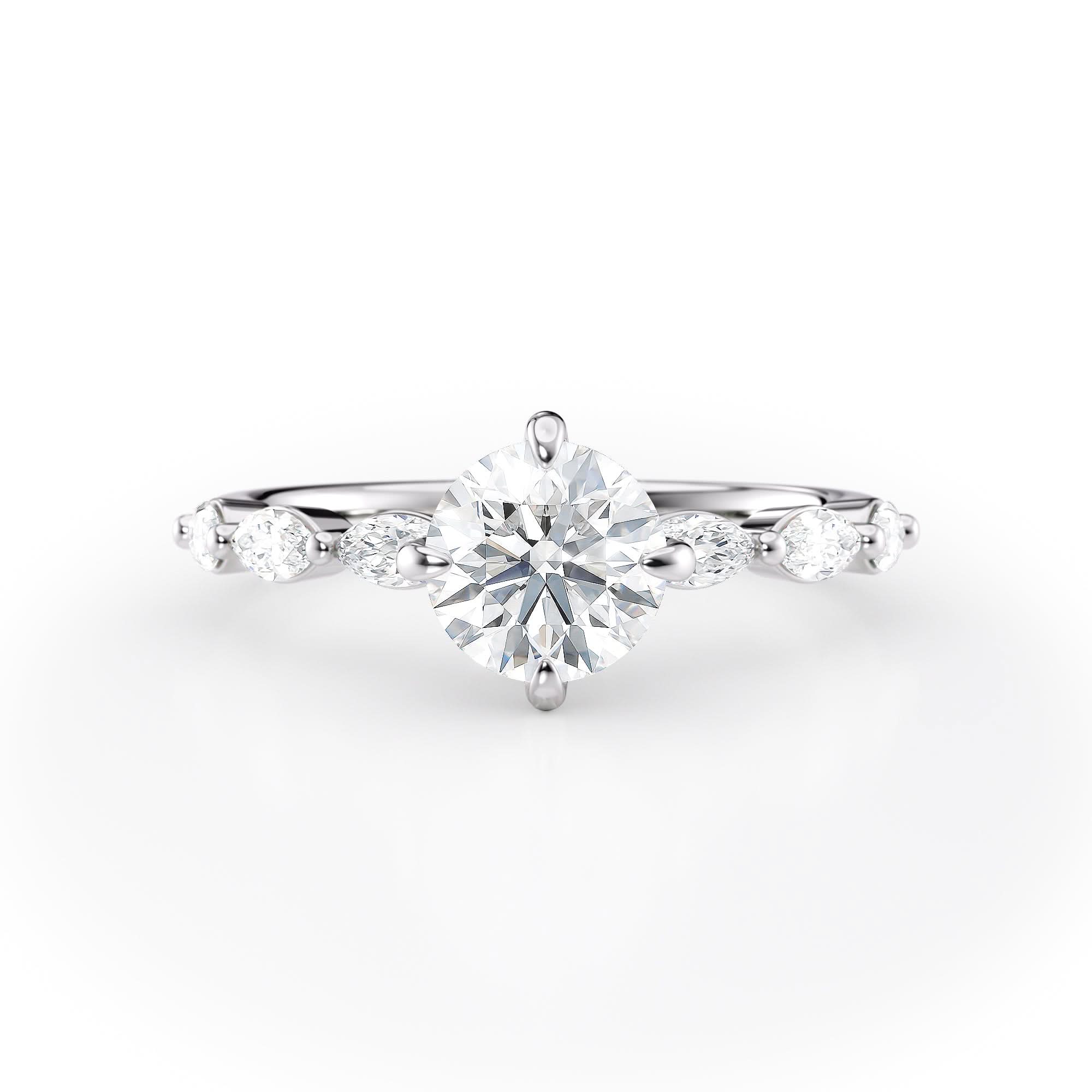 Elegant Round Diamond Engagement Ring with Marquise Side Stones