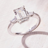 Emerald Cut Lab Grown Diamond Three Stone Engagement Ring